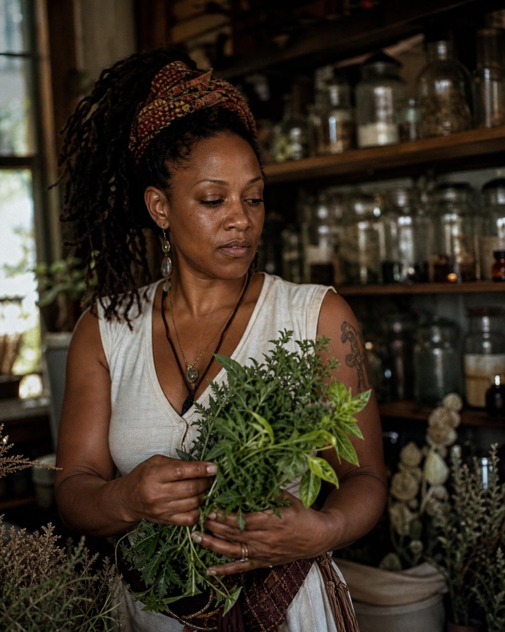 Herbalist smiling in a warm apothecary holding fresh herbs