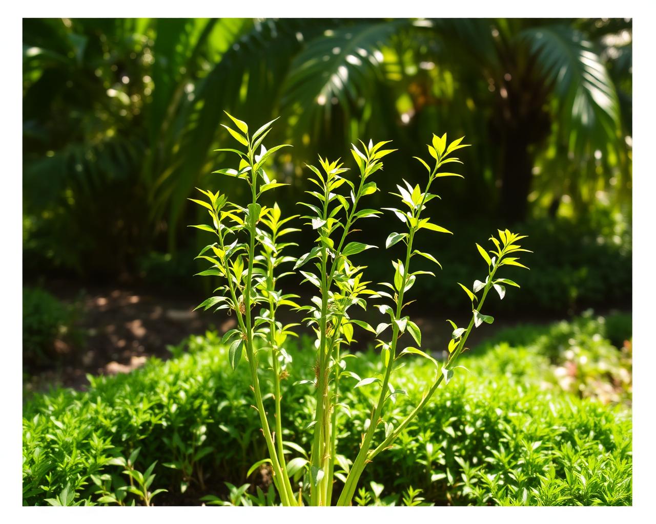 Young Moringa oleifera trees growing in a lush green garden
