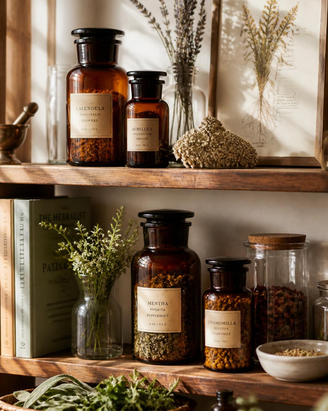 A sunlit apothecary shelf with amber jars and dried herbs