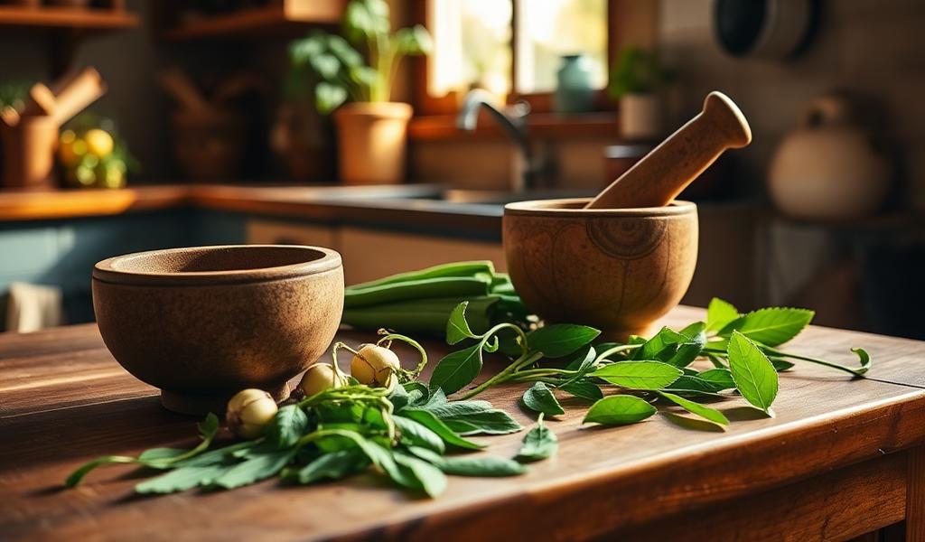 Fresh moringa leaves and pods on a rustic kitchen counter with a mortar and pestle