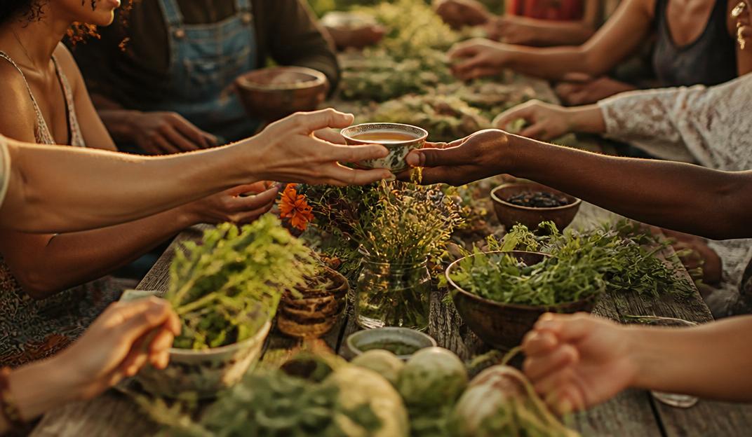 A warm gathering of people at a farm table with fresh produce