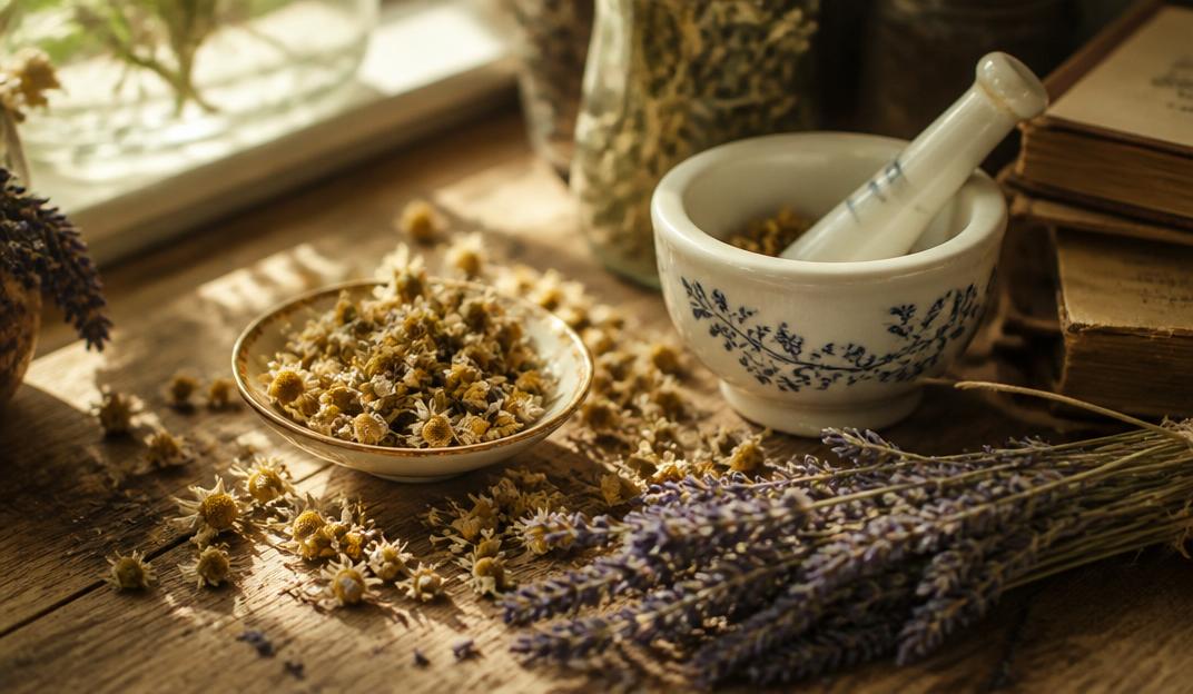 Dried chamomile flowers and a porcelain mortar on a sun-drenched table