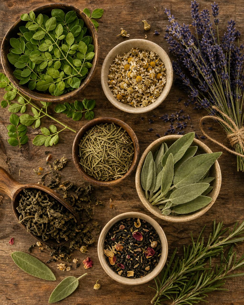 Various fresh and dried herbs arranged in rustic bowls on a wooden surface — moringa, chamomile, lavender, rosemary, sage, and herbal tea blends